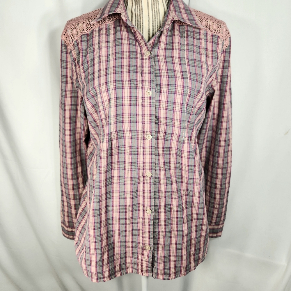 Route 66 Multi Plaid Pink Lace Shoulders Long Sleeve Button Down Top Sz XLarge